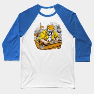 A Carpenter English Bulldog working on a wooden boat, surrounded by water and other boats in a busy Baseball T-Shirt